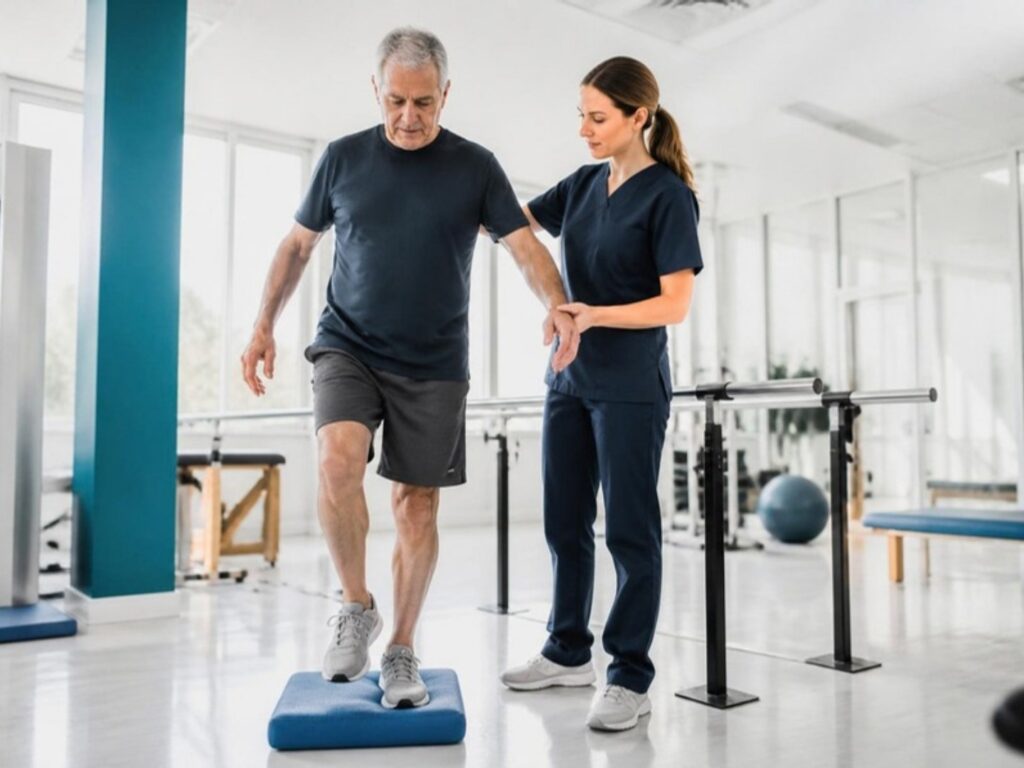 Older man practising balance on a foam pad with a physiotherapist
