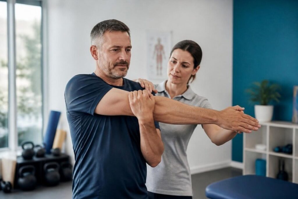 Physiotherapist guiding a shoulder mobility exercise