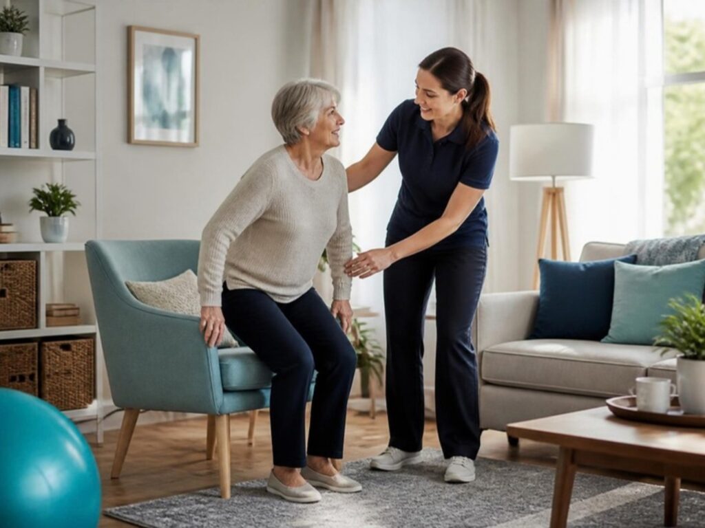 Physiotherapist helping an older woman with a sit-to-stand exercise at home