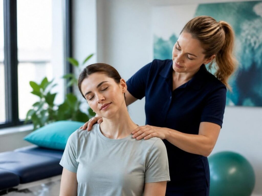 Physiotherapist assessing neck mobility after a car accident