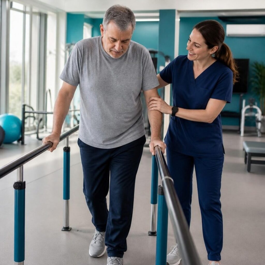 Gait training between parallel bars with a physiotherapist