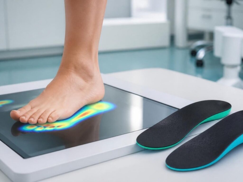 Foot on a pressure scanning plate beside custom orthotic insoles