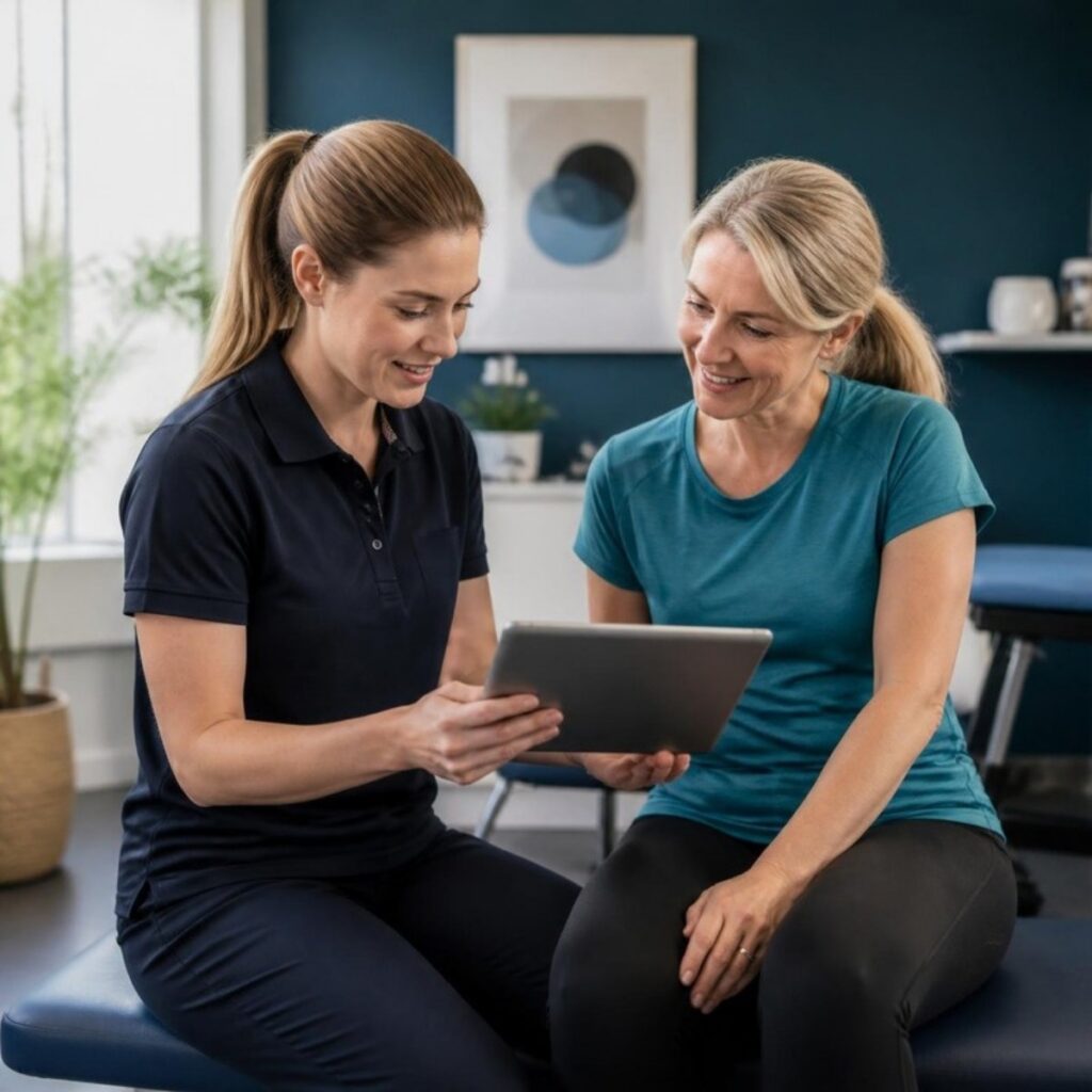 Physiotherapist reviewing an exercise plan on a tablet with a client