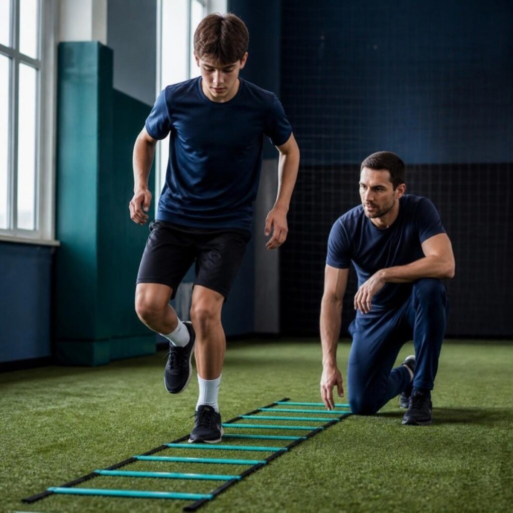 Young athlete doing an agility ladder drill with a sports physiotherapist